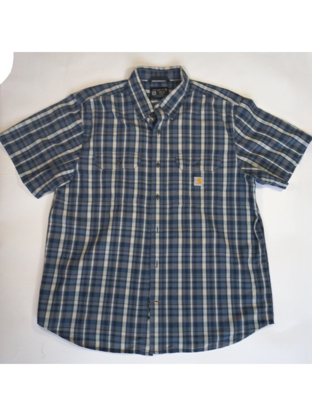 carhartt short sleeve t shirt button down XL Blue plaid 2 chest pockets TW4625-m